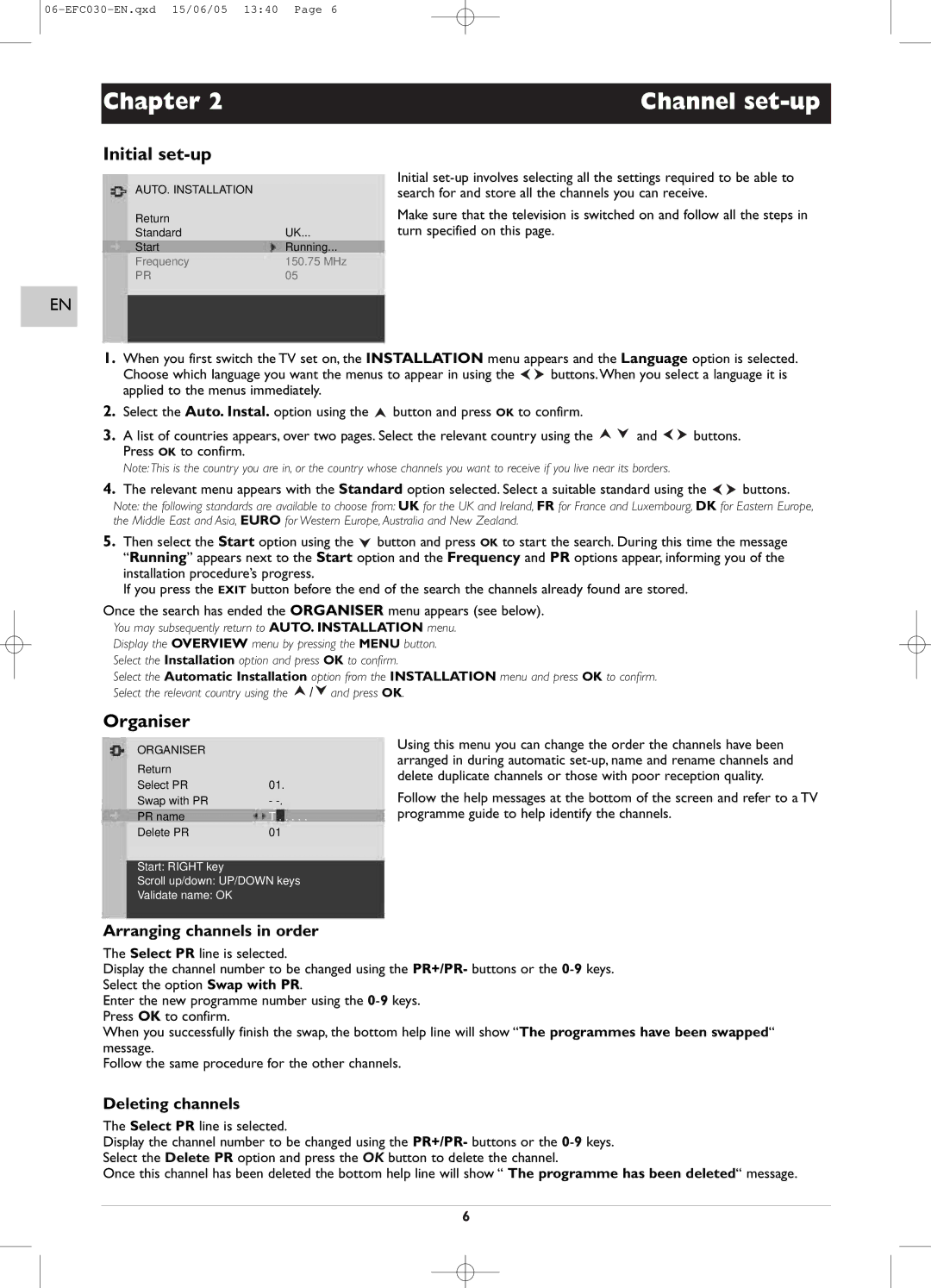 Technicolor - Thomson EFC030 manual Chapter, Channel set-up, Initial set-up, Organiser 