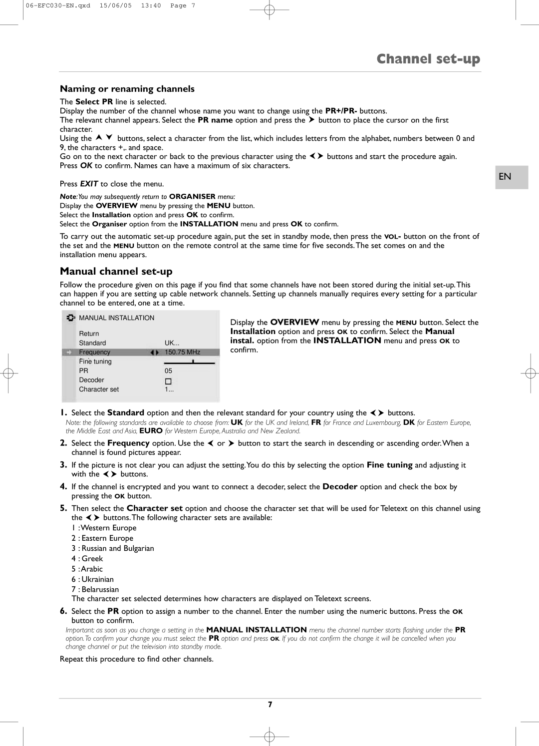 Technicolor - Thomson EFC030 manual Channel set-up, Manual channel set-up, Naming or renaming channels, Manual Installation 