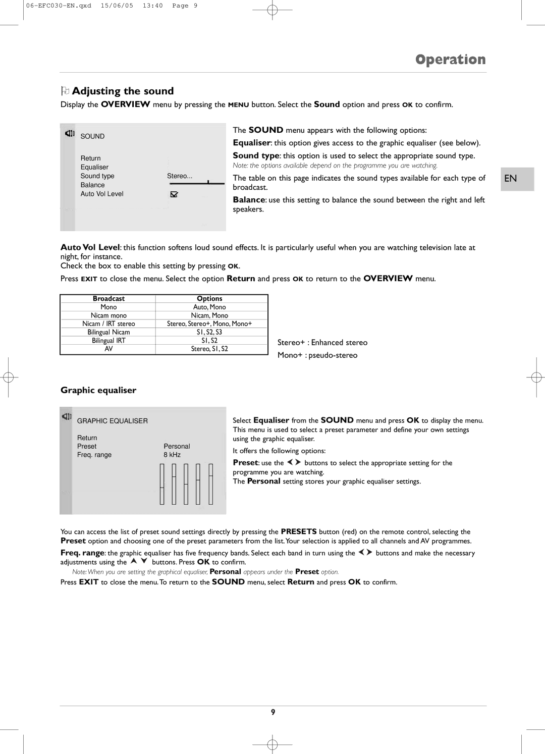 Technicolor - Thomson EFC030 manual Operation, Adjusting the sound, Graphic equaliser, Sound, Graphic Equaliser 