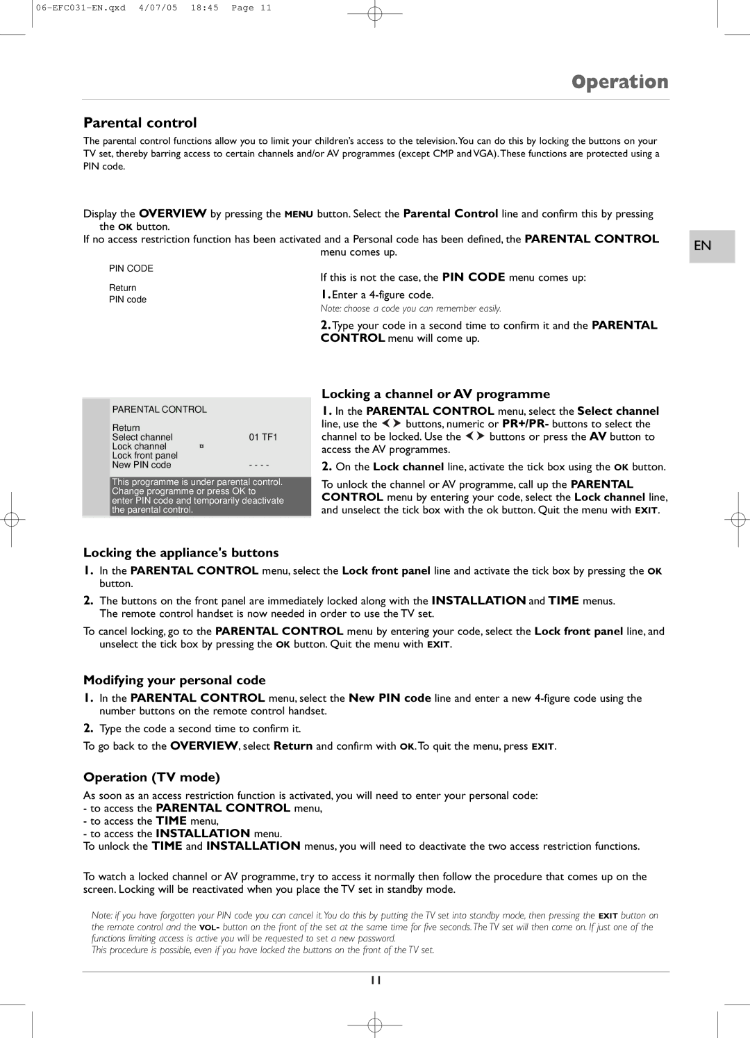 Technicolor - Thomson EFC031 manual Parental control, Locking a channel or AV programme, Locking the appliances buttons 