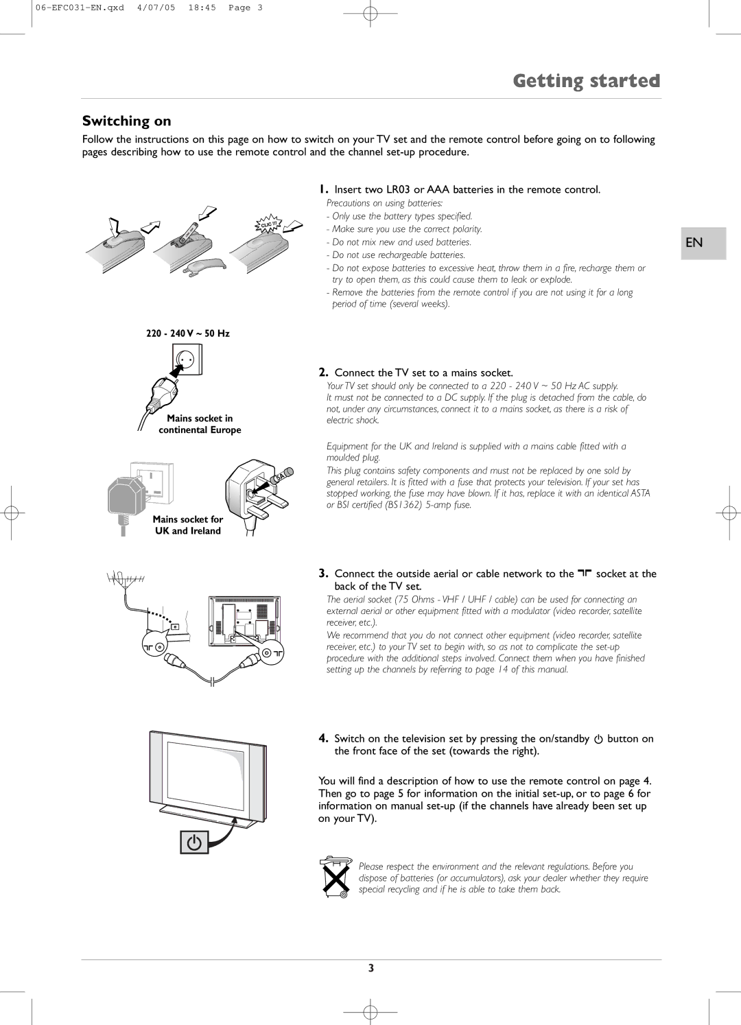 Technicolor - Thomson EFC031 manual Getting started, Switching on, Connect the TV set to a mains socket 