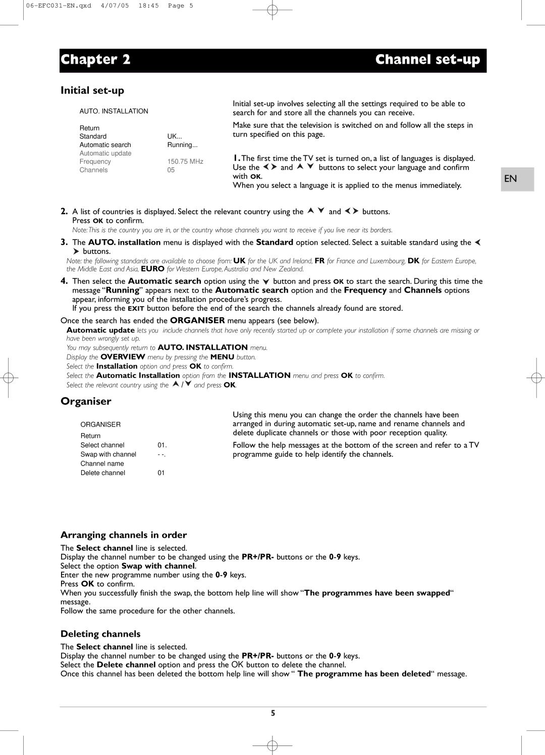 Technicolor - Thomson EFC031 manual Chapter Channel set-up, Initial set-up, Organiser, Arranging channels in order 