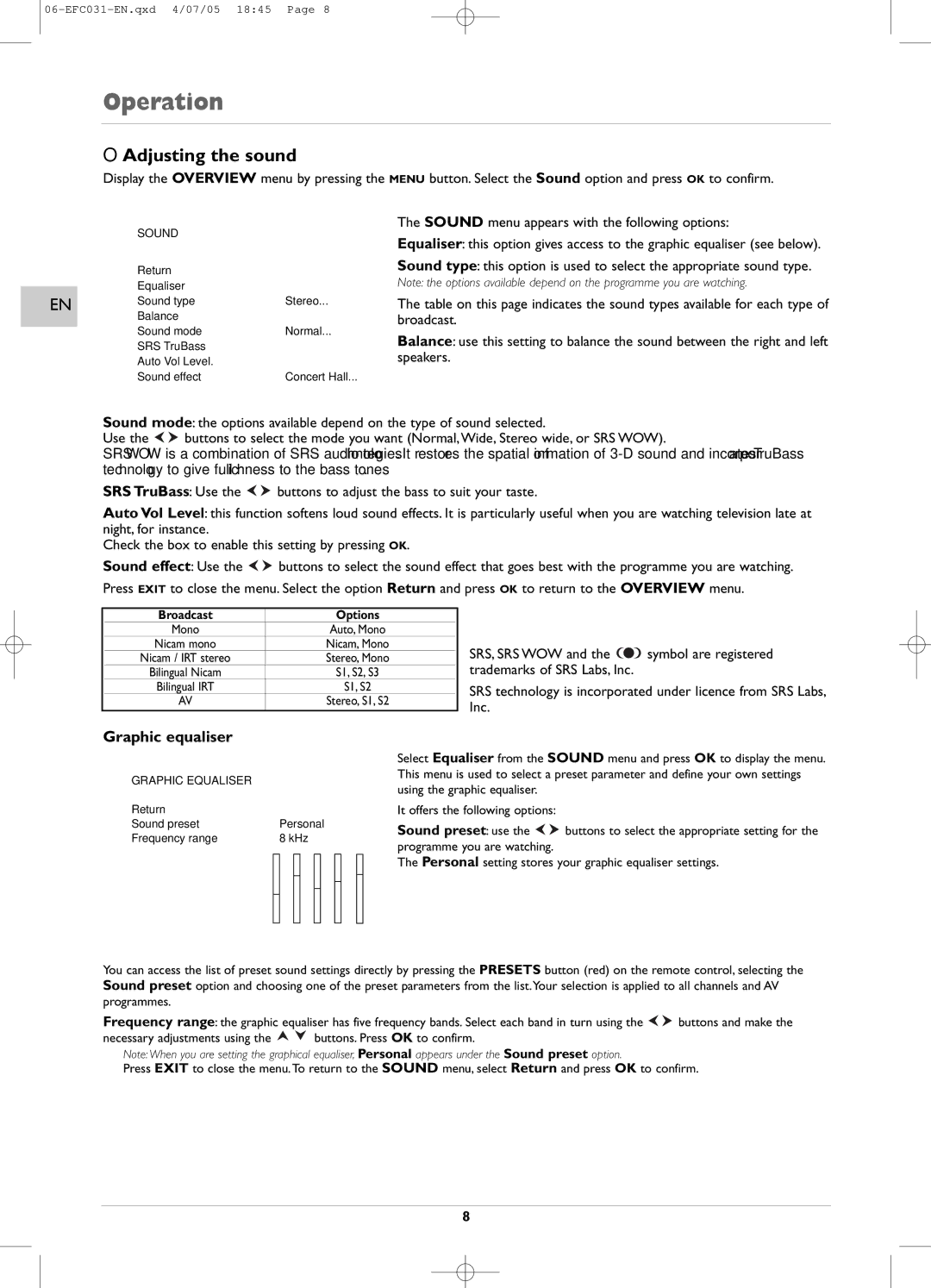 Technicolor - Thomson EFC031 manual Operation, Adjusting the sound, Graphic equaliser, Sound, Graphic Equaliser 