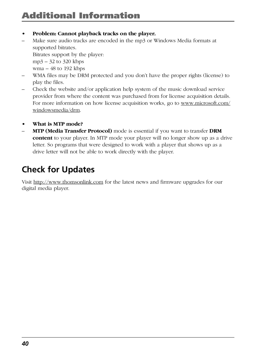 Technicolor - Thomson EH308 user manual Check for Updates, Problem Cannot playback tracks on the player 