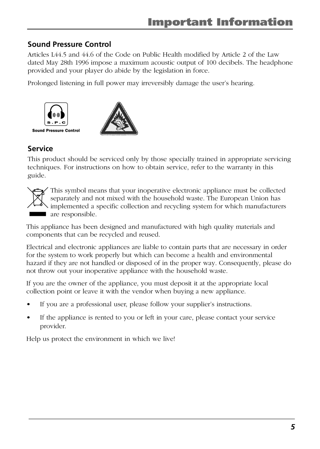 Technicolor - Thomson EH308 user manual Sound Pressure Control 