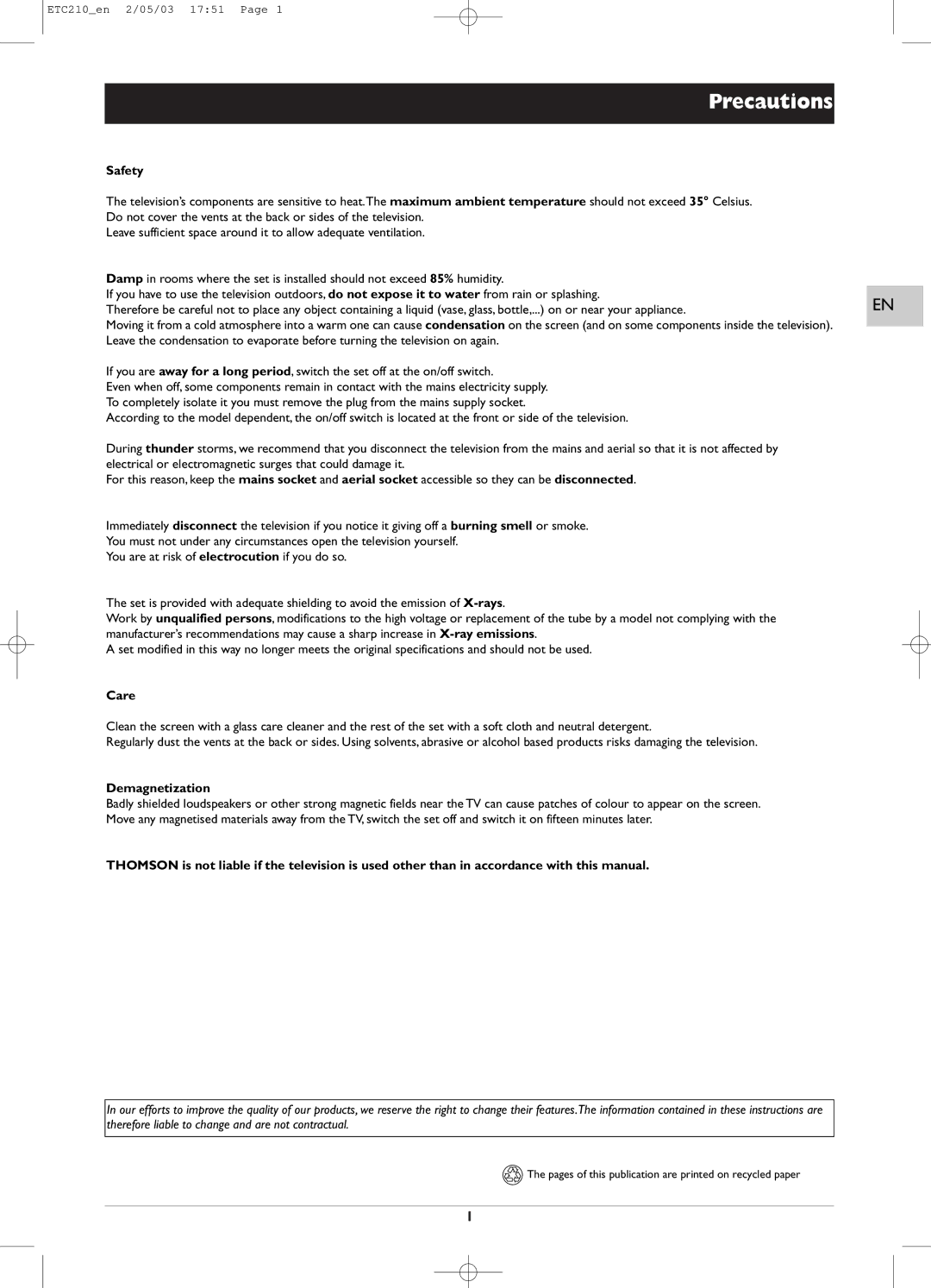 Technicolor - Thomson ETC210 specifications Precautions, Safety, Care, Demagnetization 