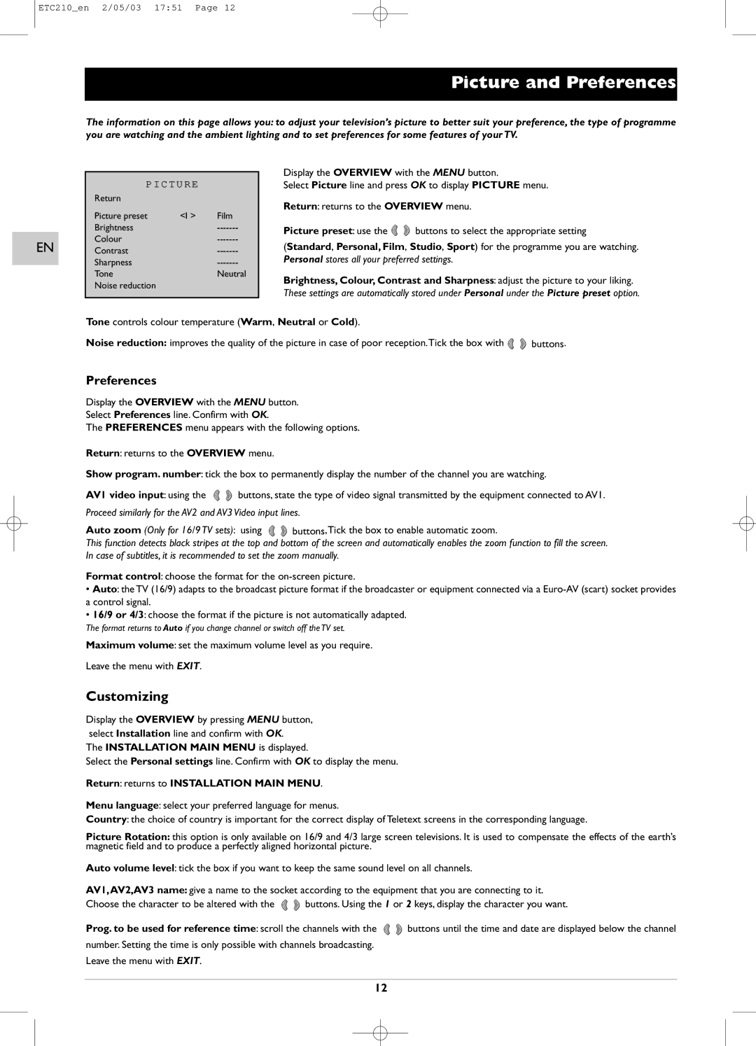 Technicolor - Thomson ETC210 Picture and Preferences, AV1 video input using, Return returns to Installation Main Menu 