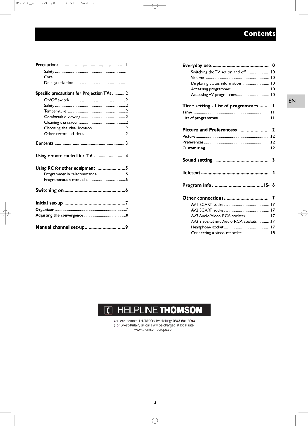 Technicolor - Thomson ETC210 specifications Contents 