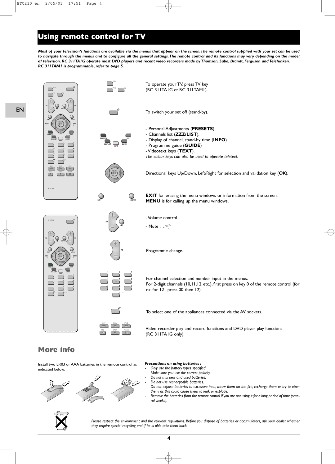 Technicolor - Thomson ETC210 specifications Using remote control for TV, More info, To switch your set off stand-by 