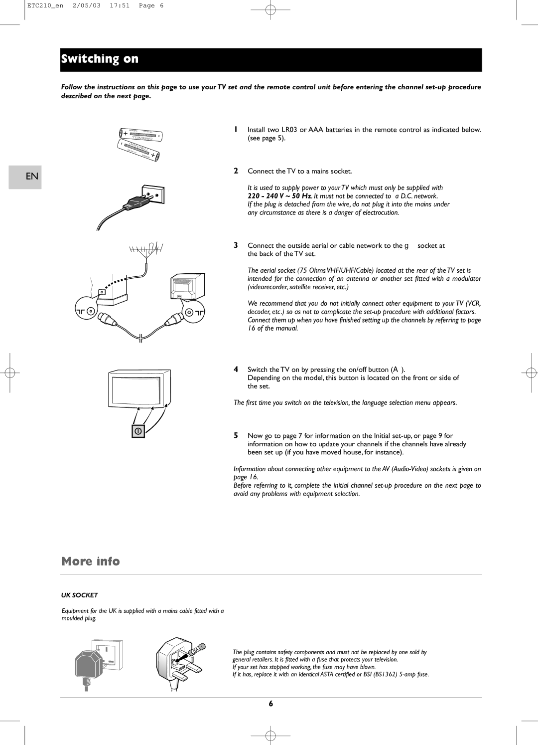 Technicolor - Thomson ETC210 specifications Switching on, UK Socket 