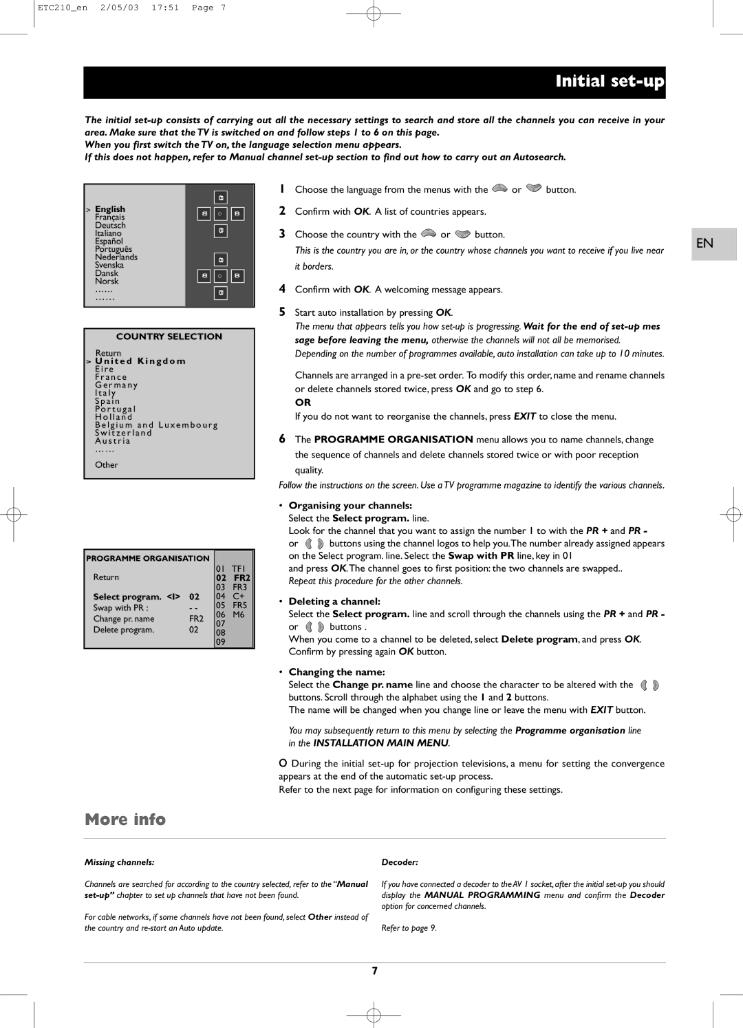 Technicolor - Thomson ETC210 specifications Initial set-up, It borders, Deleting a channel, Changing the name 