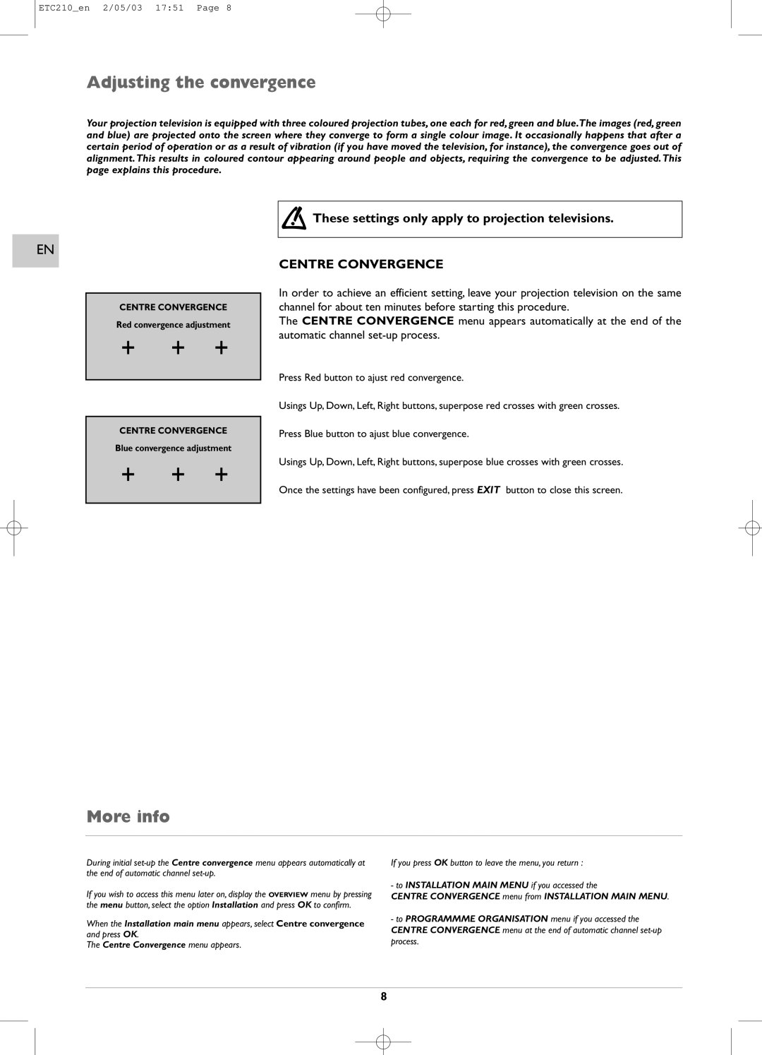 Technicolor - Thomson ETC210 specifications Adjusting the convergence, These settings only apply to projection televisions 