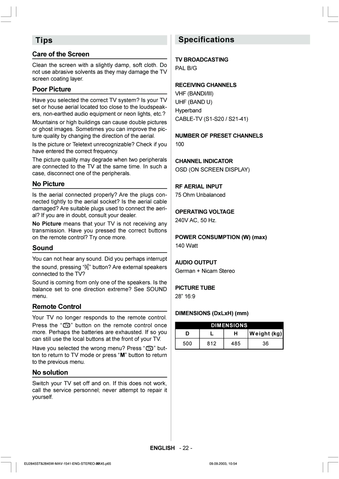 Technicolor - Thomson EU2845ST owner manual Tips, Specifications 