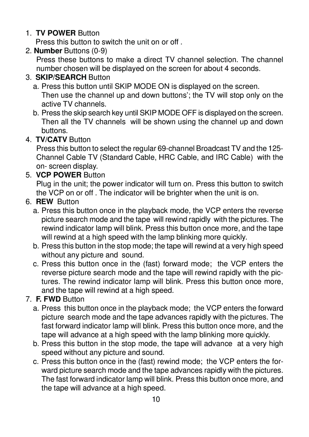 Technicolor - Thomson EZCRG owner manual TV Power Button, SKIP/SEARCH Button, TV/CATV Button, VCP Power Button, FWD Button 