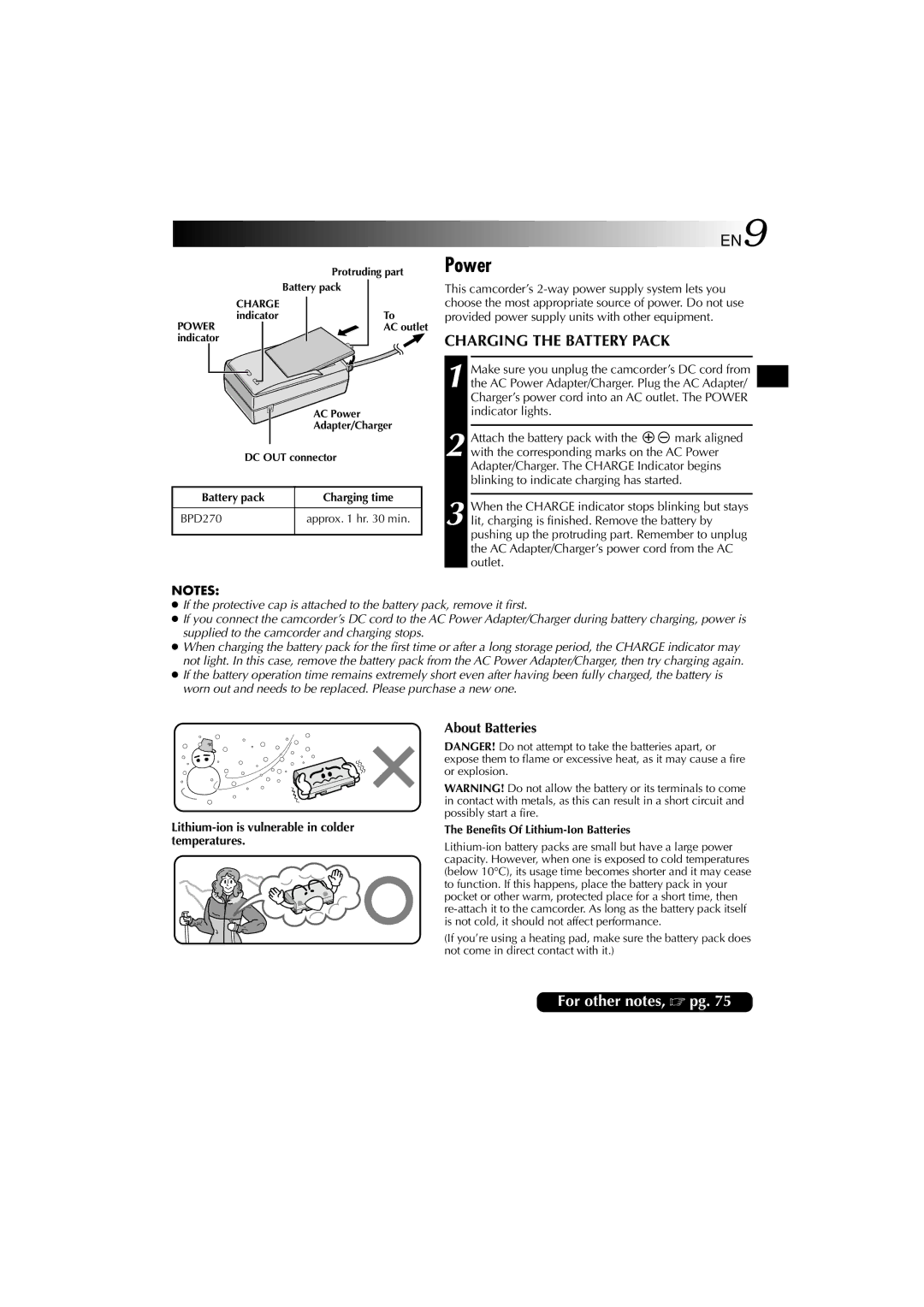 Technicolor - Thomson HP 270 user manual Power, Charging the Battery Pack, Lithium-ion is vulnerable in colder temperatures 