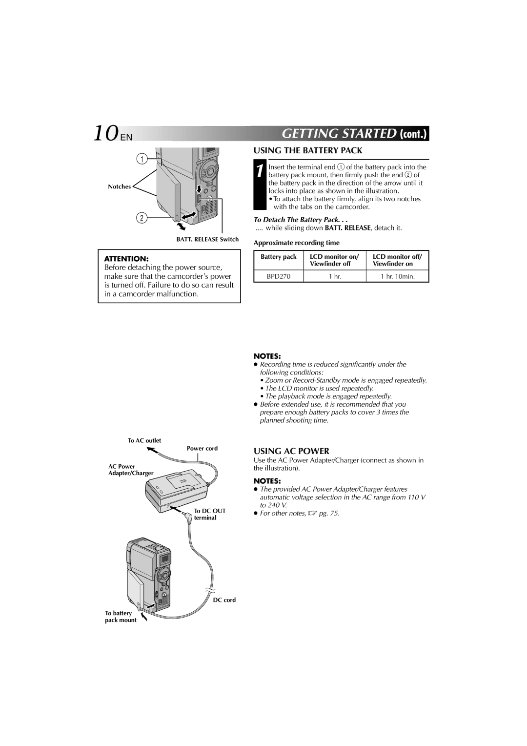 Technicolor - Thomson HP 270 user manual 10 EN, Using the Battery Pack, Using AC Power, To Detach The Battery Pack 