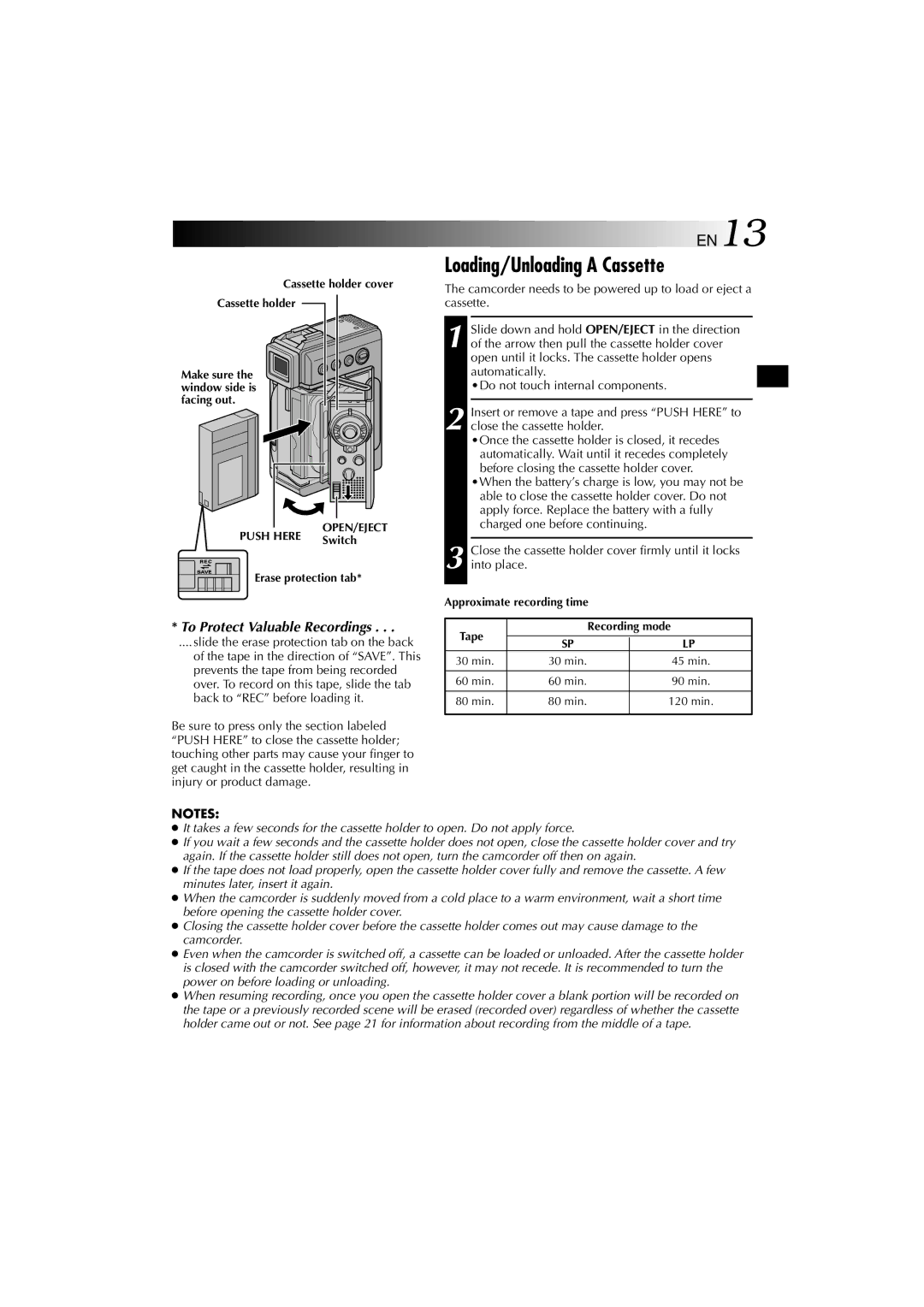 Technicolor - Thomson HP 270 user manual Loading/Unloading a Cassette, Slide the erase protection tab on the back 