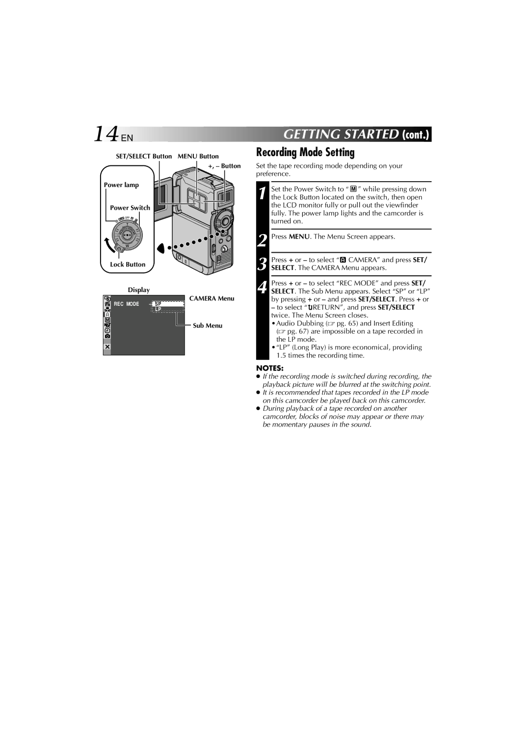 Technicolor - Thomson HP 270 user manual 14 EN, Recording Mode Setting, Menu Button 