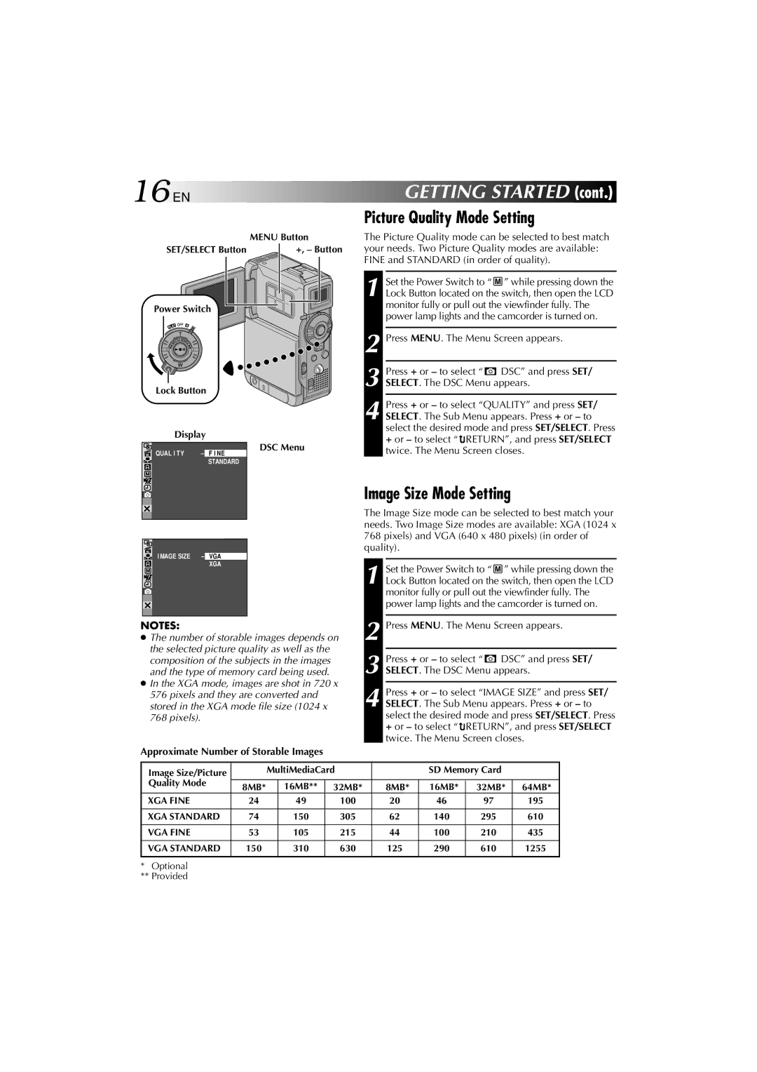 Technicolor - Thomson HP 270 user manual 16 EN, Picture Quality Mode Setting, Image Size Mode Setting 