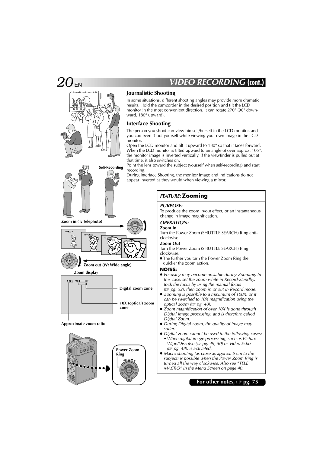 Technicolor - Thomson HP 270 user manual 20 EN, Journalistic Shooting, Interface Shooting, Zoom Out 