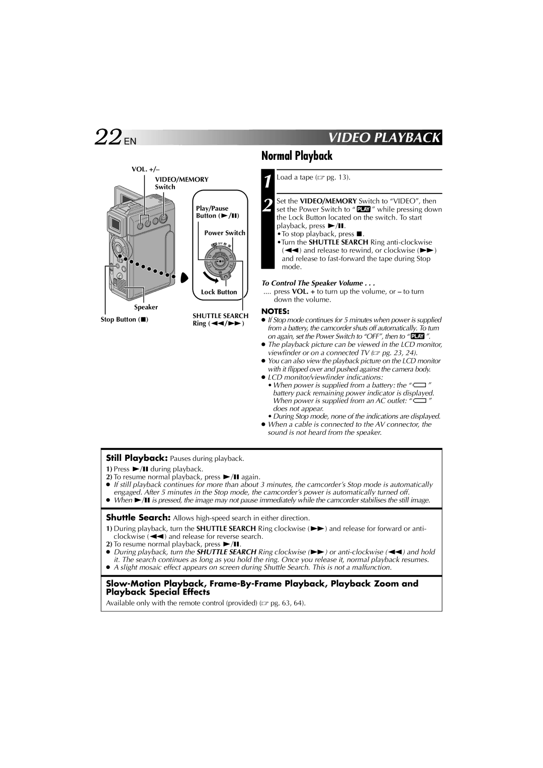 Technicolor - Thomson HP 270 user manual 22 EN, Video Playback, Normal Playback, To Control The Speaker Volume 