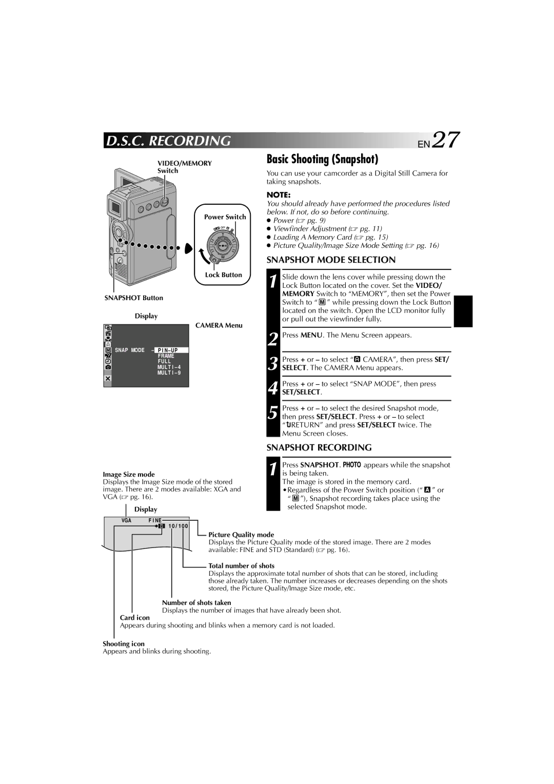 Technicolor - Thomson HP 270 user manual C. Recording, Basic Shooting Snapshot, Snapshot Mode Selection, Snapshot Recording 