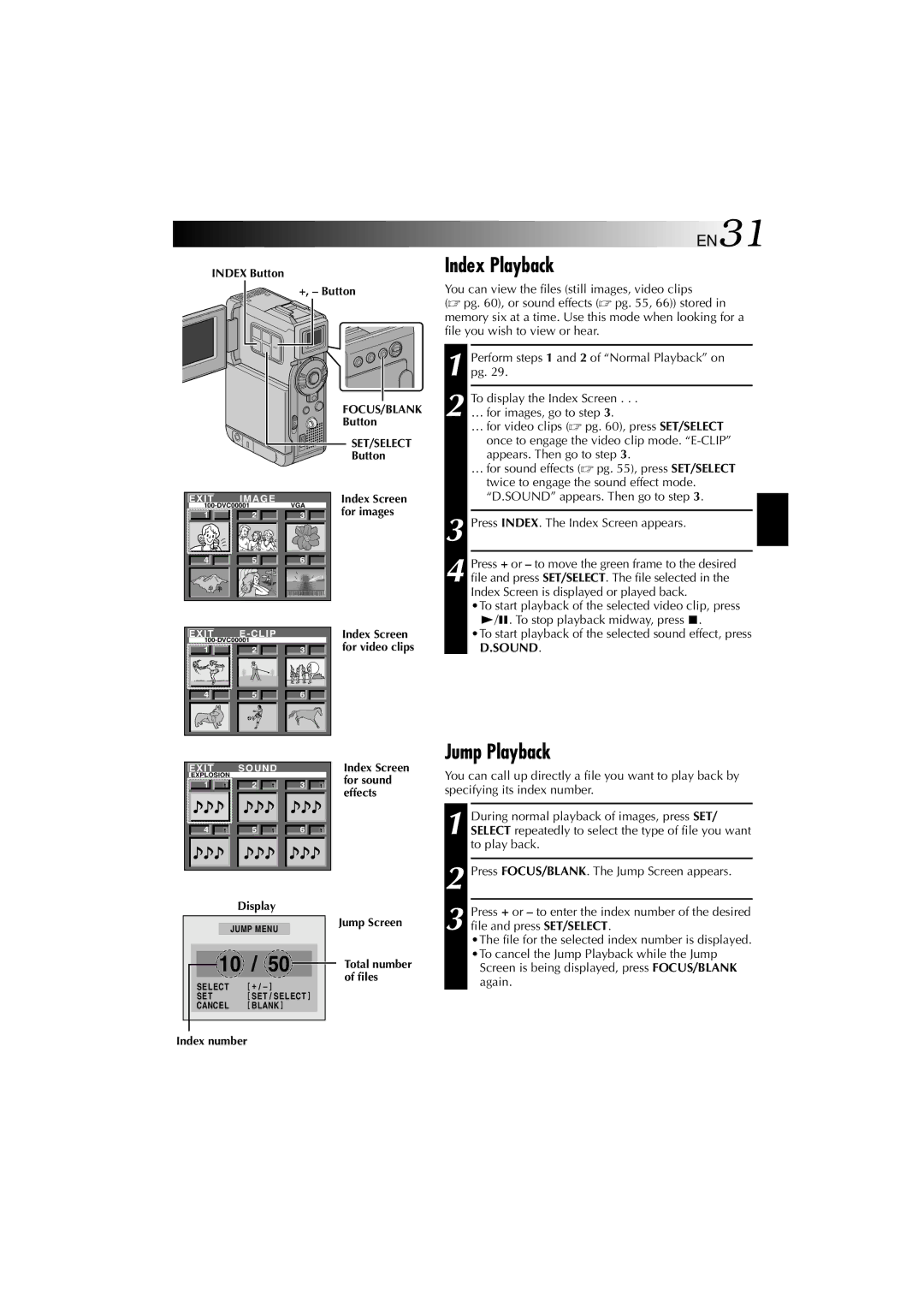 Technicolor - Thomson HP 270 user manual Index Playback, Jump Playback, Again 