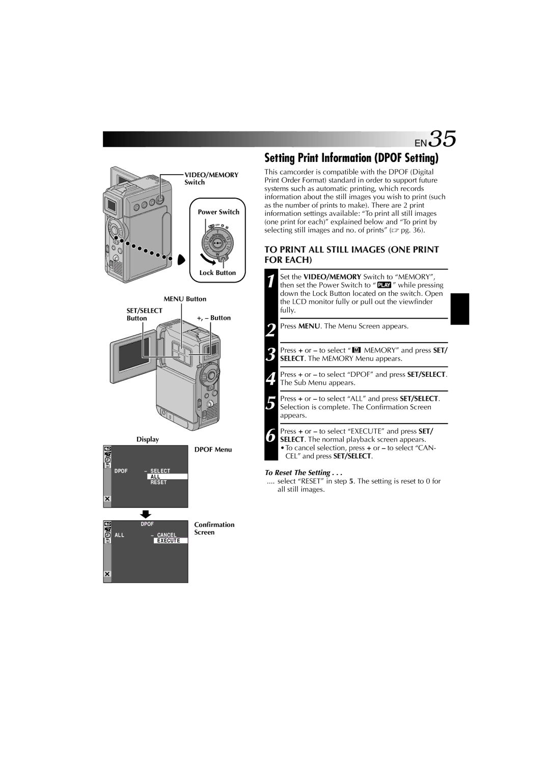 Technicolor - Thomson HP 270 user manual To Print ALL Still Images ONE Print for Each, To Reset The Setting 