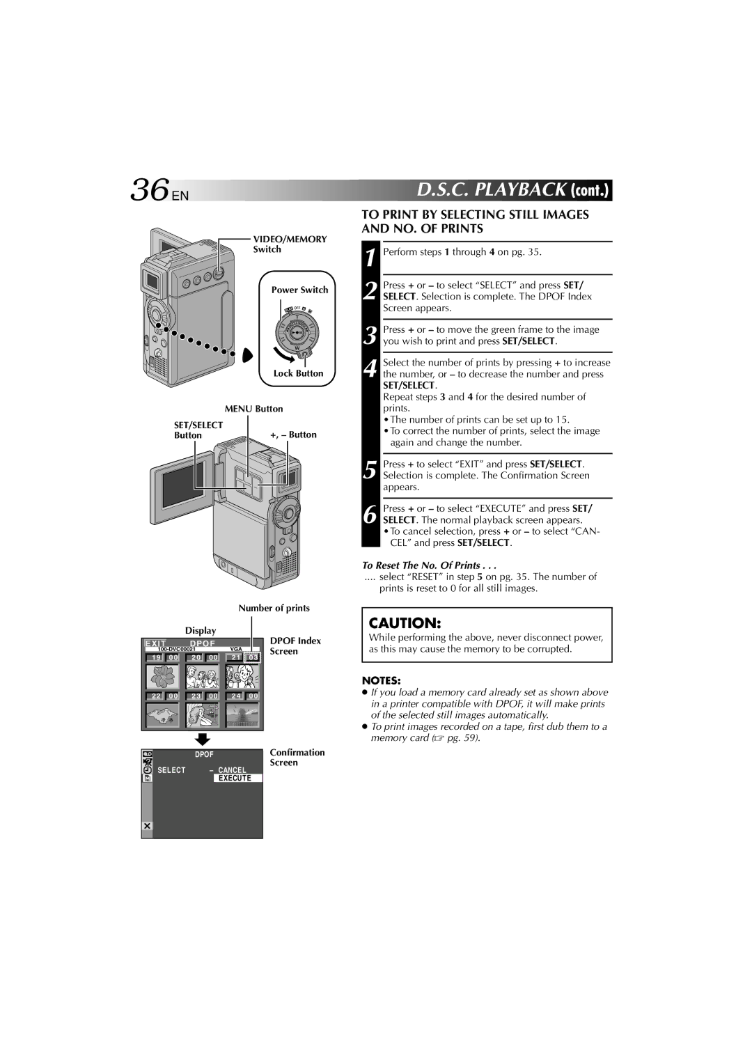 Technicolor - Thomson HP 270 36 EN, To Print by Selecting Still Images and NO. of Prints, To Reset The No. Of Prints 