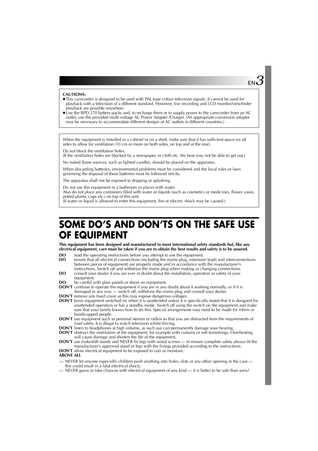 Technicolor - Thomson HP 270 user manual Some DO’S and DON’TS on the Safe USE of Equipment 