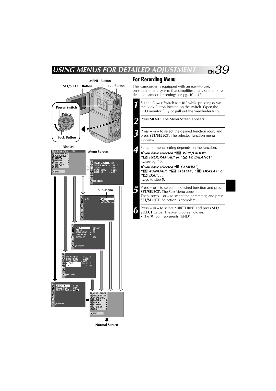 Technicolor - Thomson HP 270 user manual Using Menus for Detailed Adjustment EN39, For Recording Menu, …see pg 