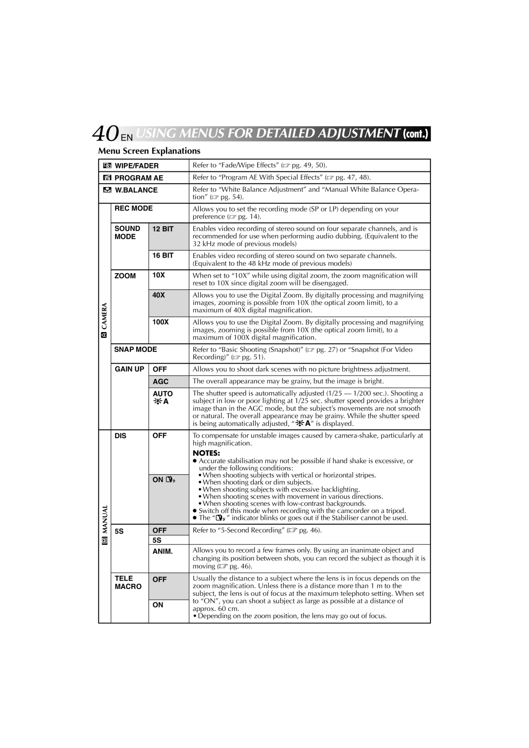 Technicolor - Thomson HP 270 user manual EN Using Menus for Detailed Adjustment, Menu Screen Explanations 