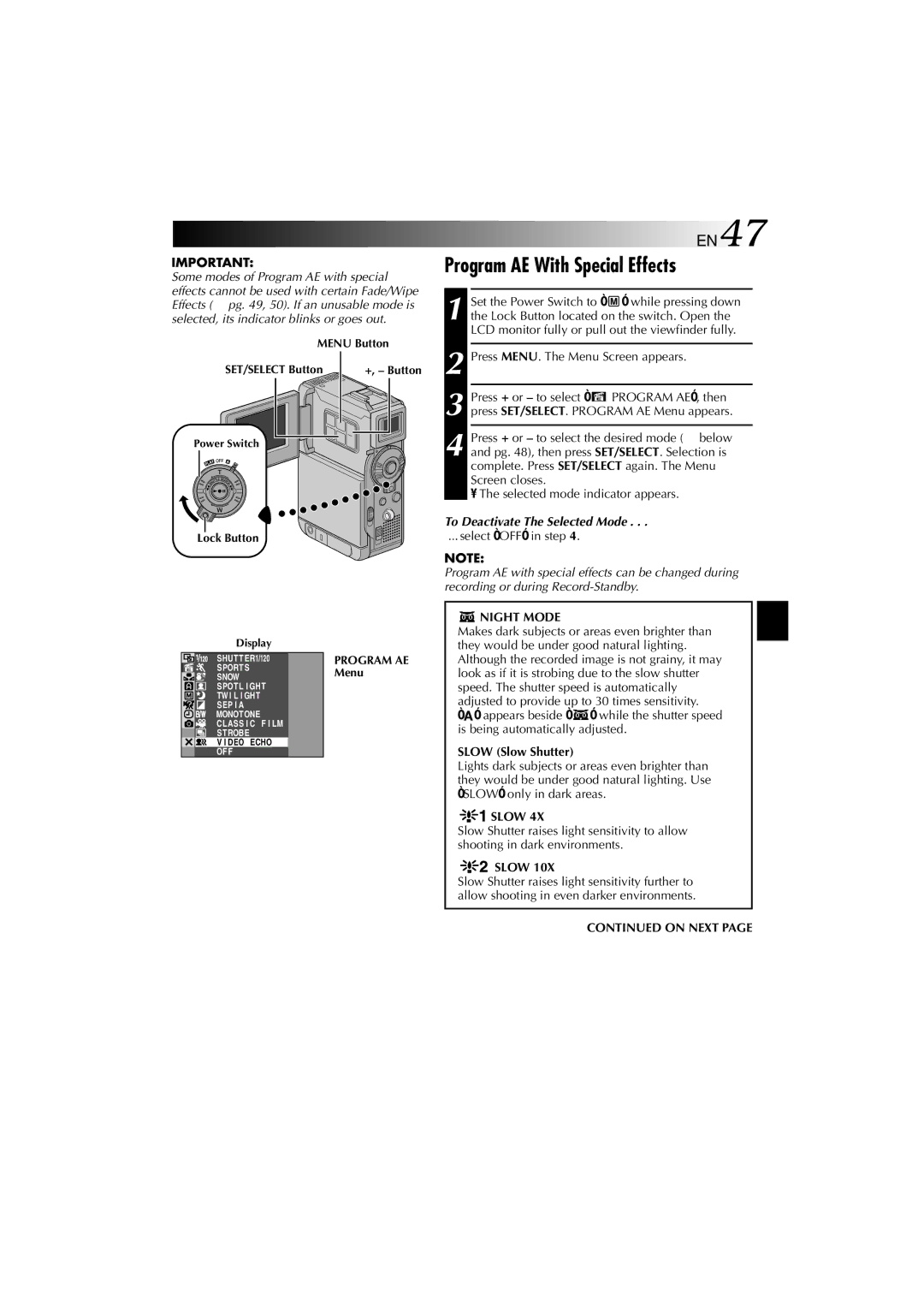 Technicolor - Thomson HP 270 Program AE With Special Effects, To Deactivate The Selected Mode, Select OFF in step, Slow 