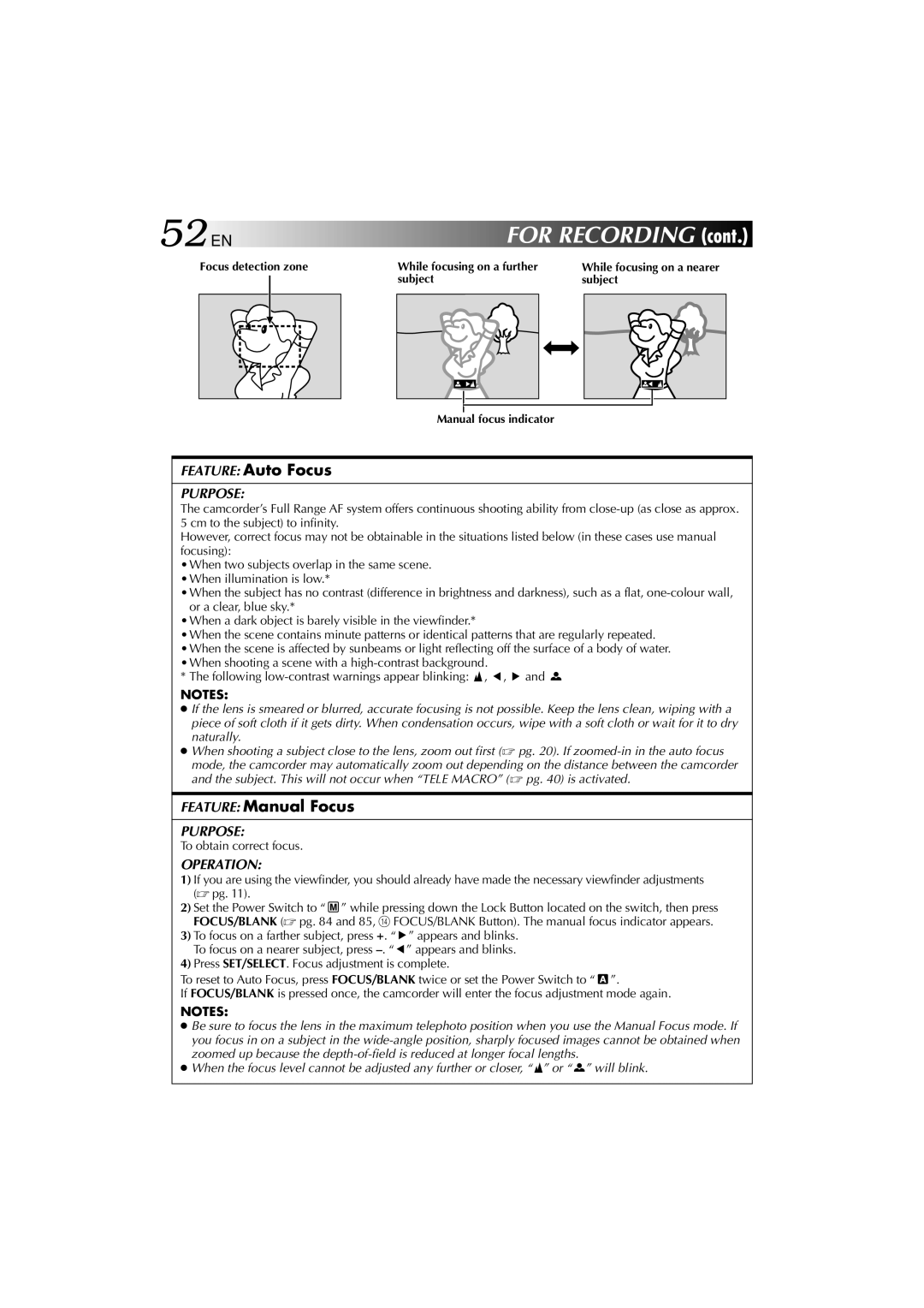 Technicolor - Thomson HP 270 user manual 52 EN, Feature Auto Focus, Feature Manual Focus, To obtain correct focus 