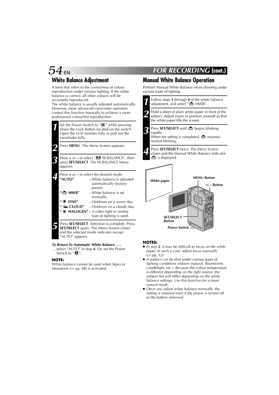 Technicolor - Thomson HP 270 user manual 54 EN, White Balance Adjustment, Manual White Balance Operation 