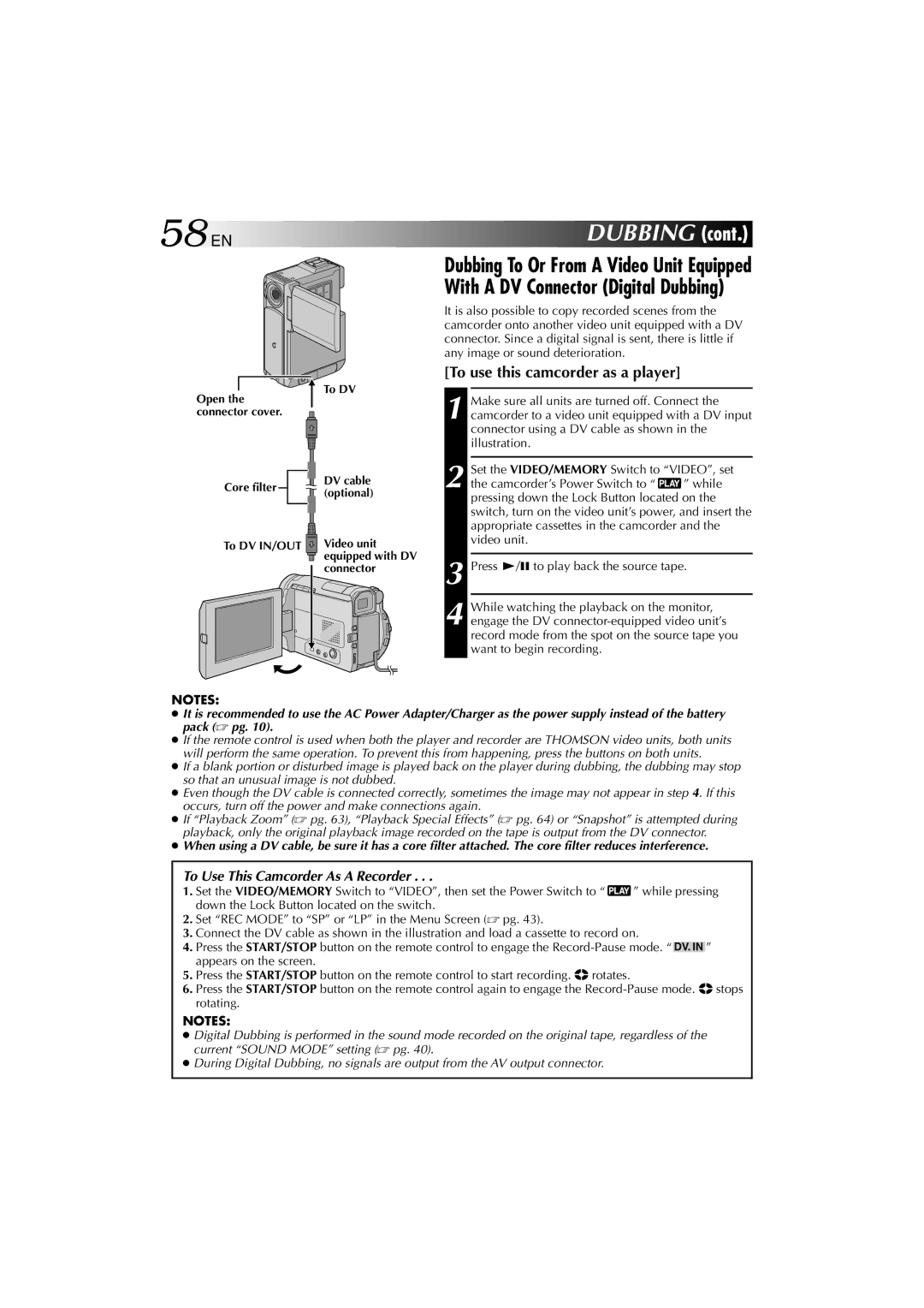 Technicolor - Thomson HP 270 user manual 58 EN, To use this camcorder as a player, Connector 