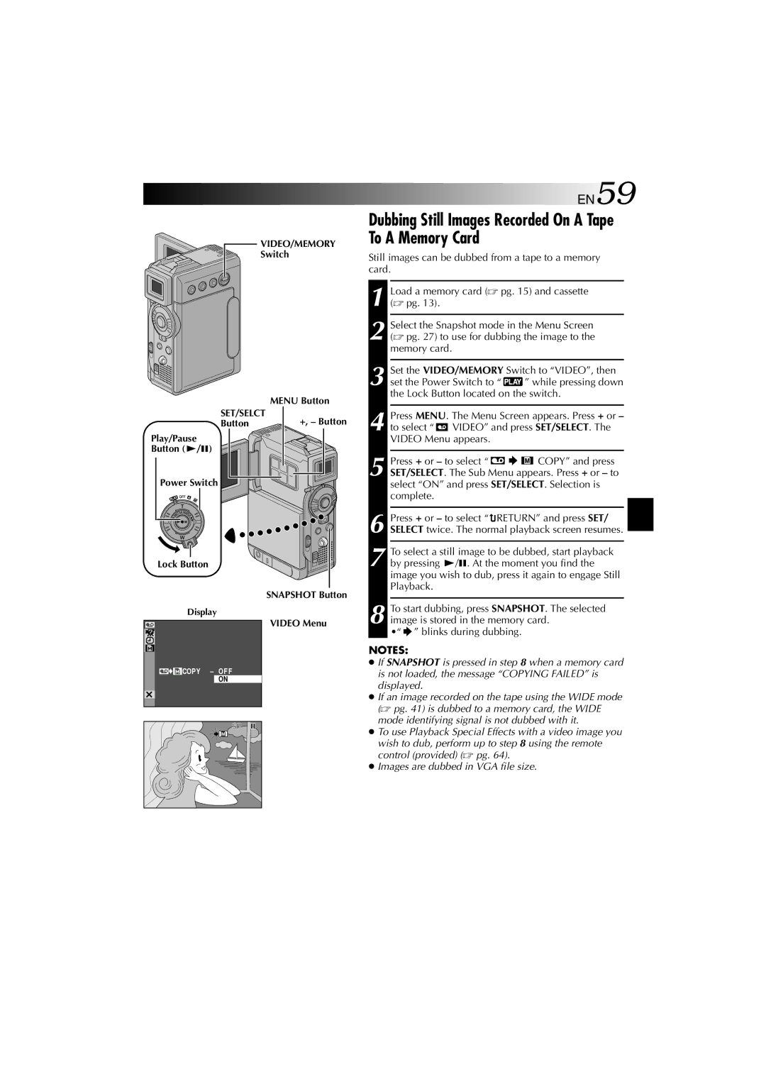 Technicolor - Thomson HP 270 user manual Dubbing Still Images Recorded On a Tape To a Memory Card, Video Menu 