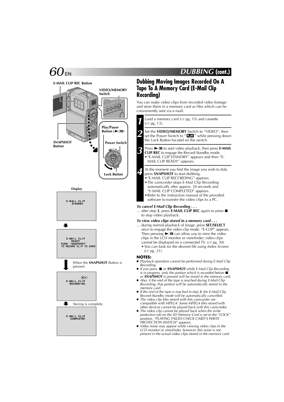 Technicolor - Thomson HP 270 60 EN, Tape To a Memory Card E-Mail Clip Recording, To cancel E-Mail Clip Recording 