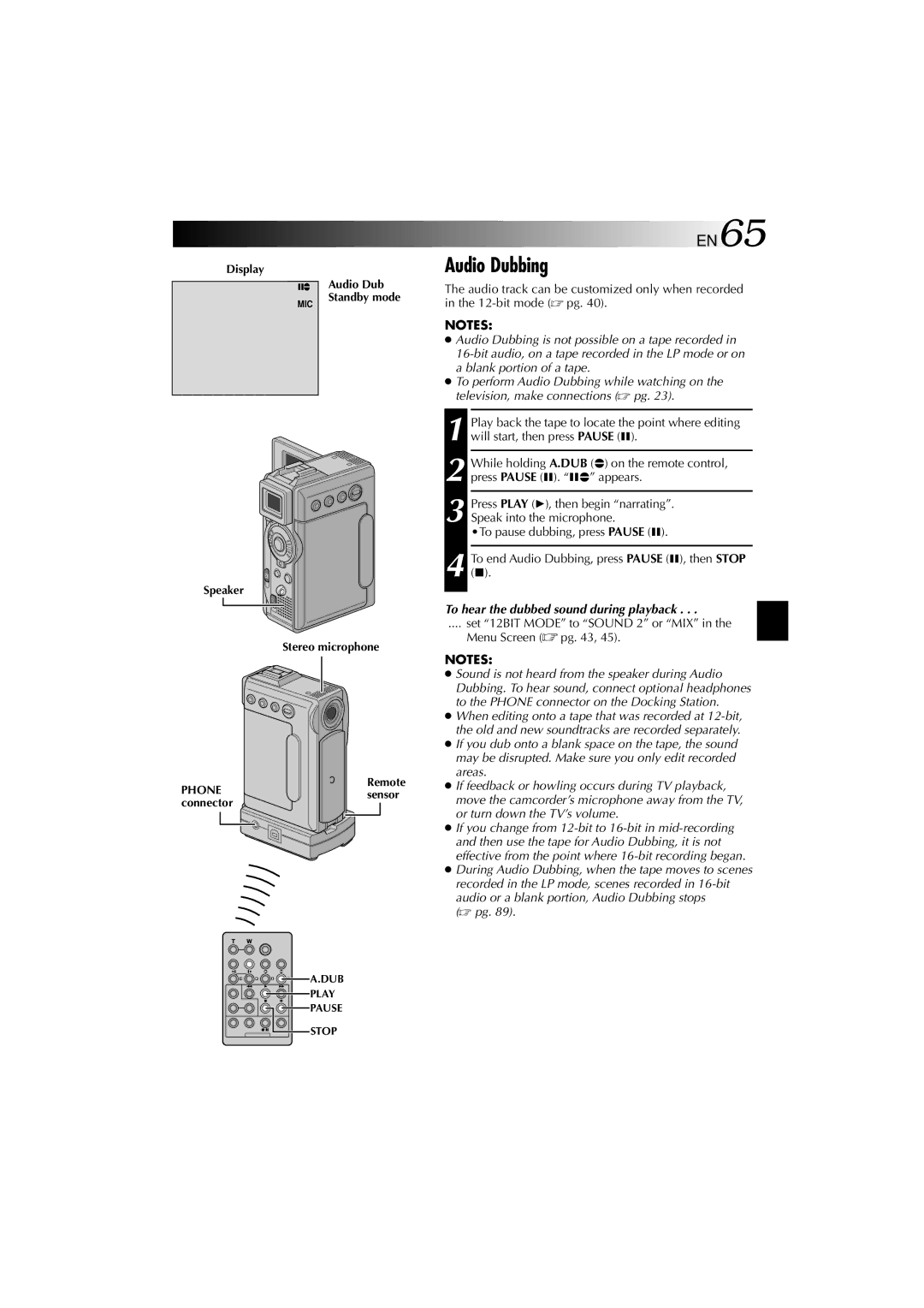 Technicolor - Thomson HP 270 user manual Audio Dubbing, Audio track can be customized only when recorded, bit mode  pg 