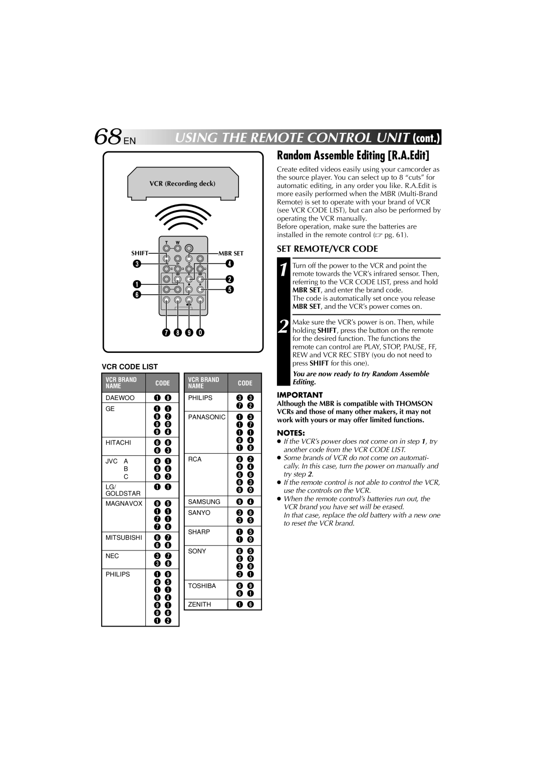 Technicolor - Thomson HP 270 user manual 68 EN, SET REMOTE/VCR Code, You are now ready to try Random Assemble Editing 