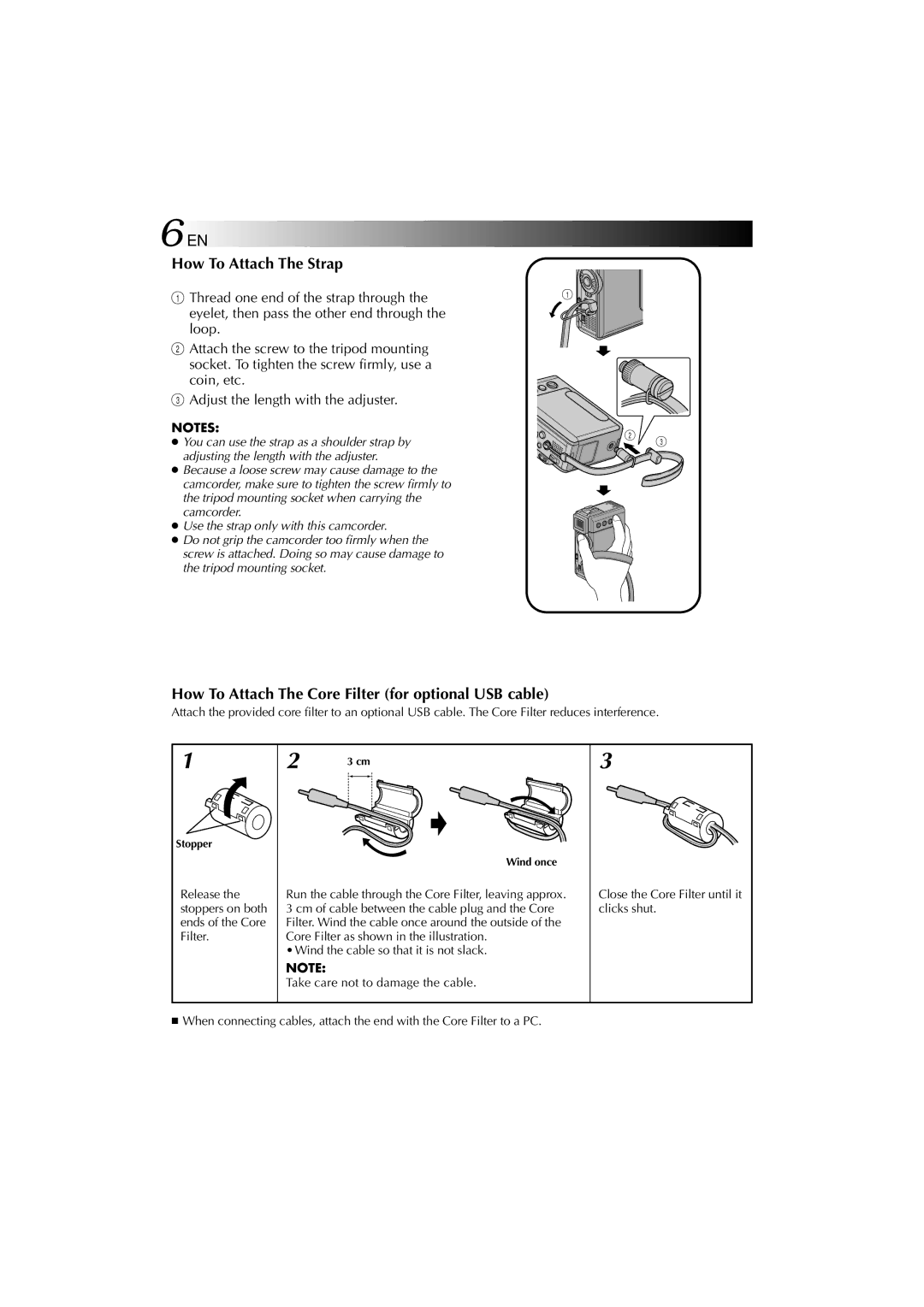 Technicolor - Thomson HP 270 user manual How To Attach The Strap, How To Attach The Core Filter for optional USB cable 