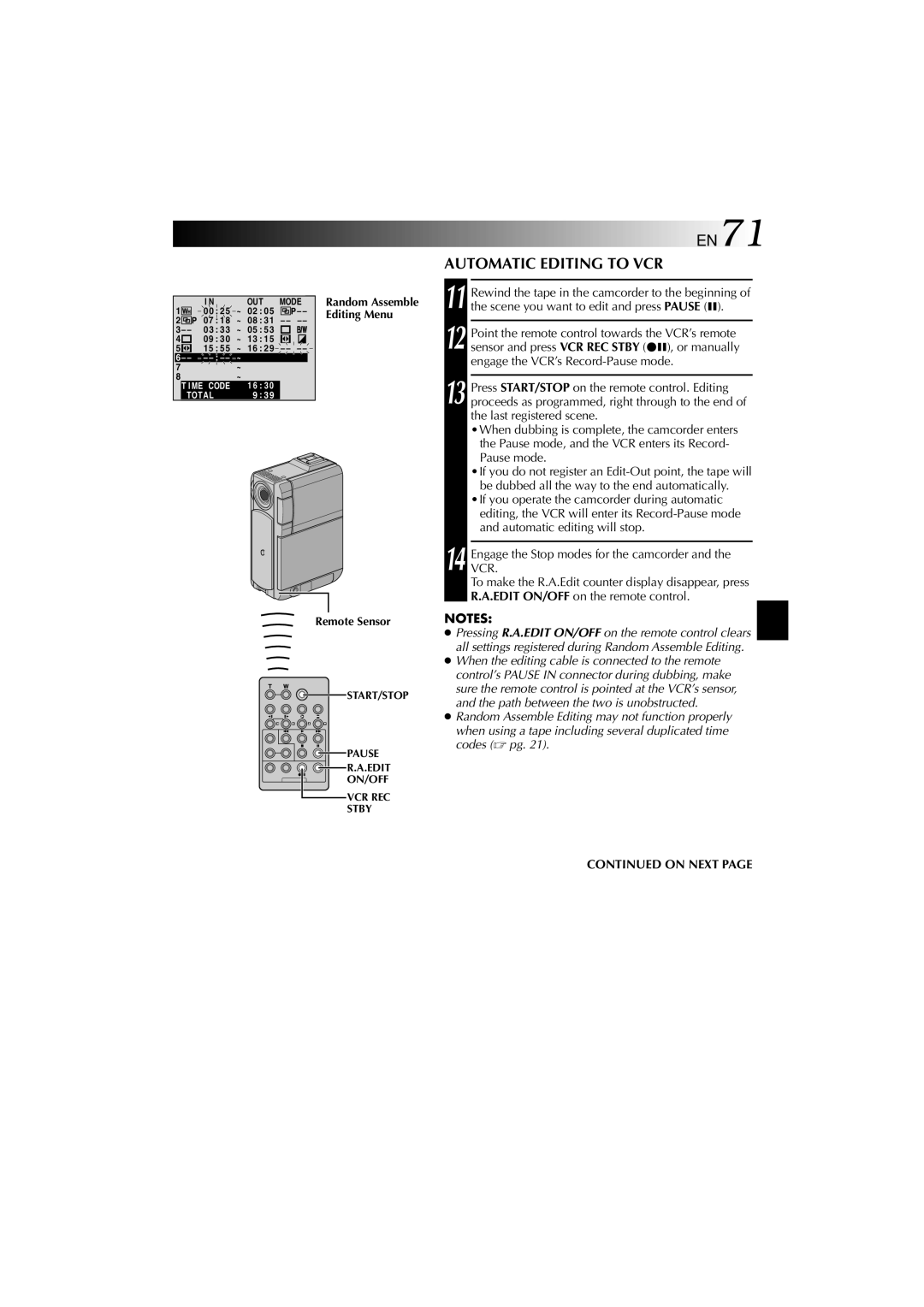 Technicolor - Thomson HP 270 user manual Automatic Editing to VCR, Editing Menu 