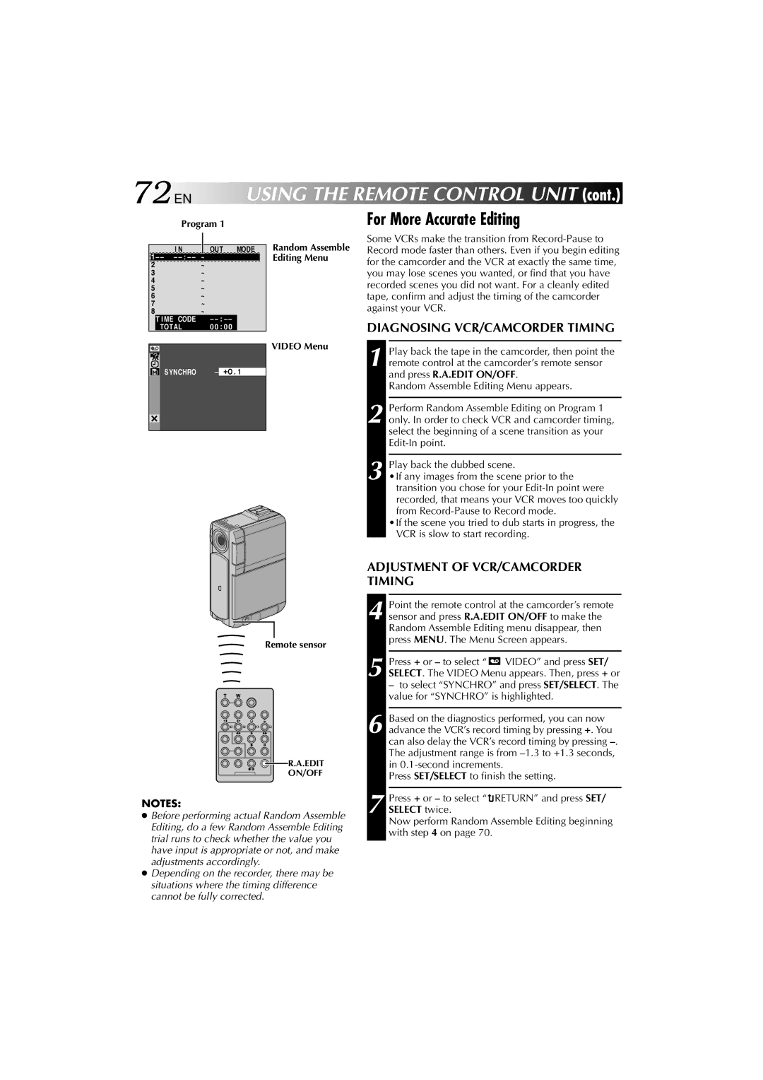 Technicolor - Thomson HP 270 user manual 72 EN, For More Accurate Editing, Diagnosing VCR/CAMCORDER Timing 