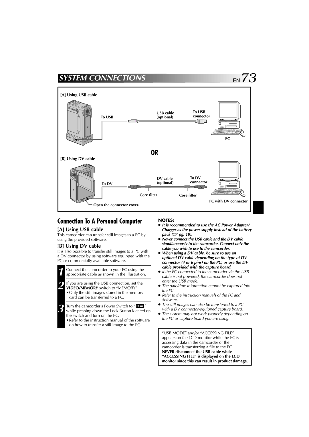 Technicolor - Thomson HP 270 user manual System Connections, Using USB cable, Using DV cable 