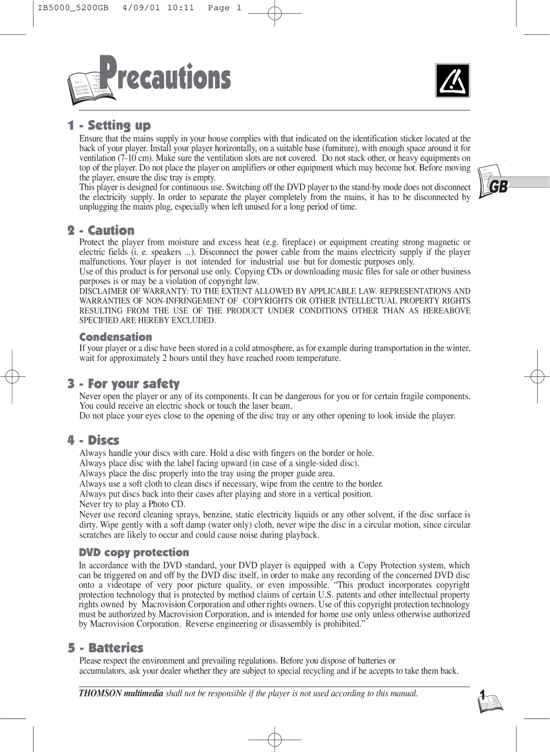 Technicolor - Thomson IB5000 warranty Precautions, Setting up, For your safety, Discs, Batteries 