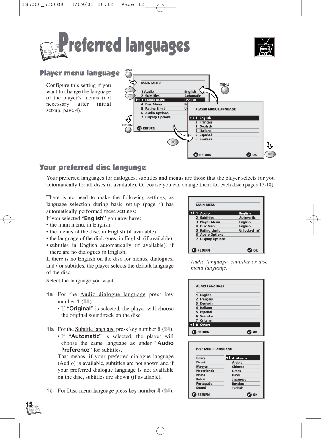 Technicolor - Thomson IB5000 warranty Player menu language, Your preferred disc language 