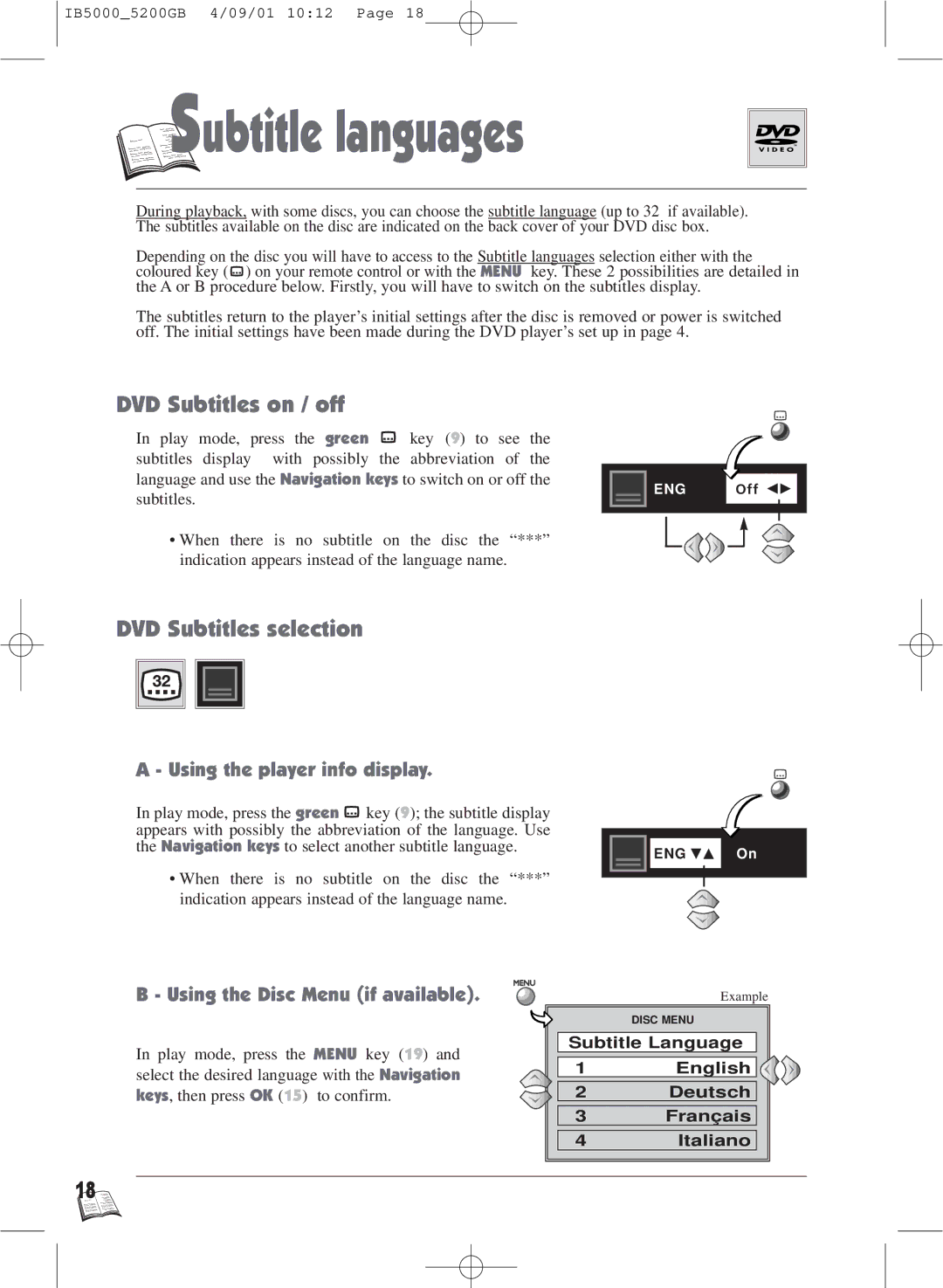 Technicolor - Thomson IB5000 warranty Ubtitle languages, DVD Subtitles on / off, DVD Subtitles selection 