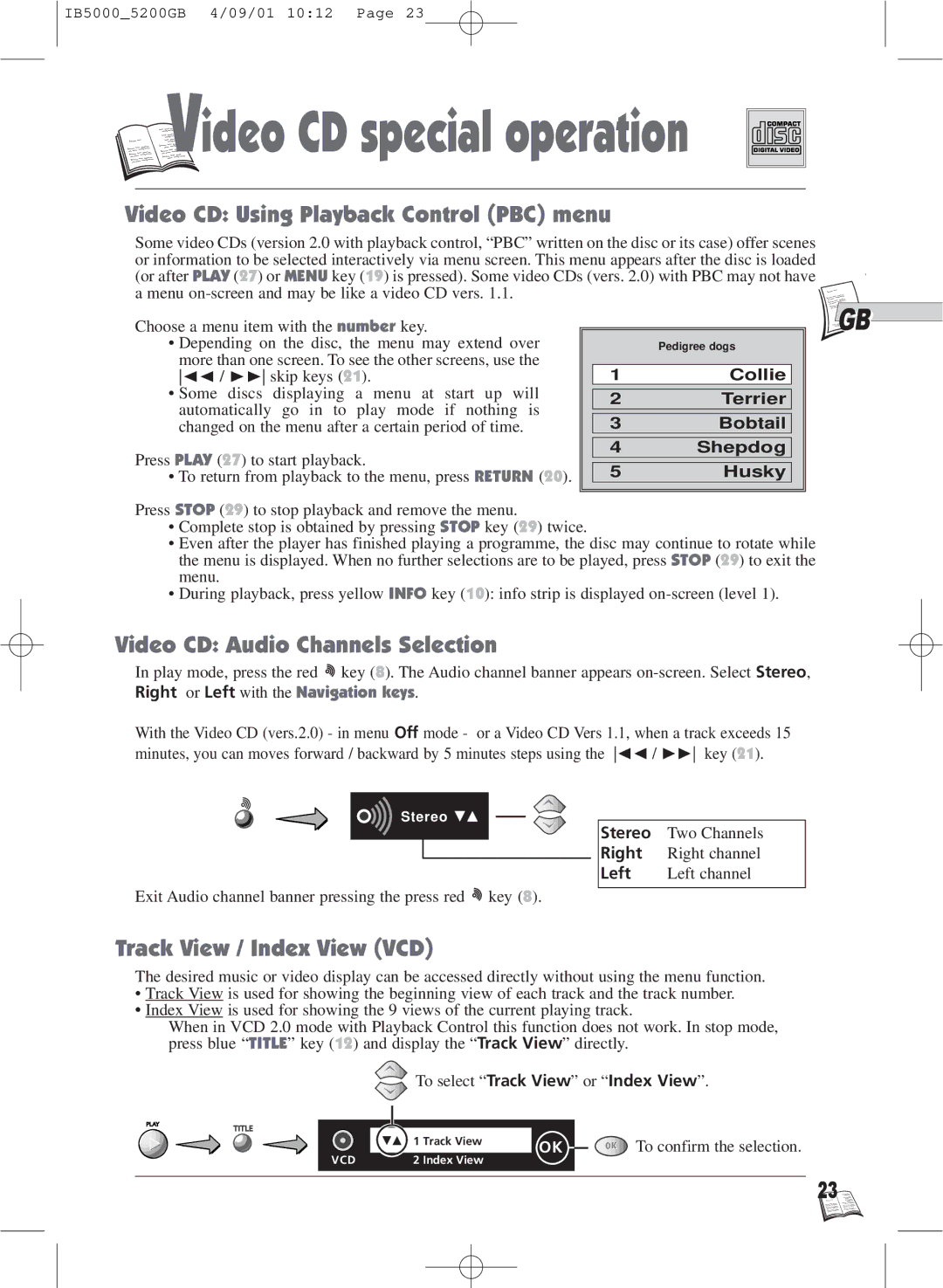 Technicolor - Thomson IB5000 warranty Video CD Using Playback Control PBC menu, Video CD Audio Channels Selection 