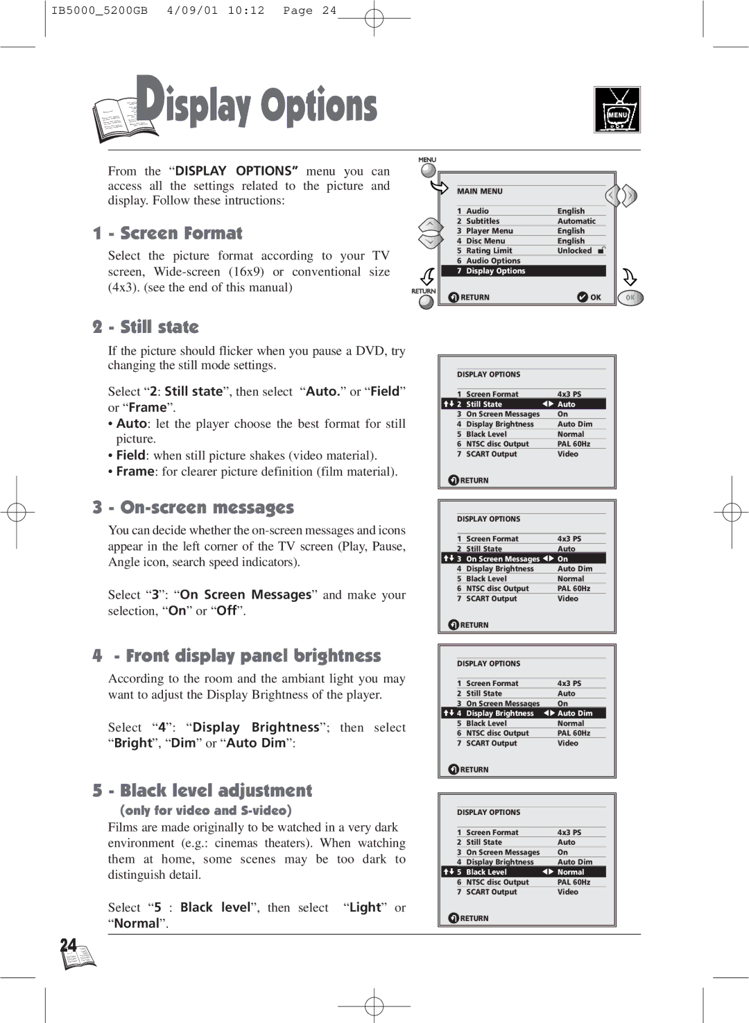 Technicolor - Thomson IB5000 warranty Screen Format, Still state, On-screen messages, Front display panel brightness 