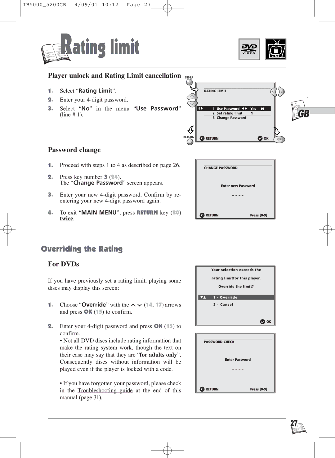 Technicolor - Thomson IB5000 Overriding the Rating, Player unlock and Rating Limit cancellation, Password change, For DVDs 